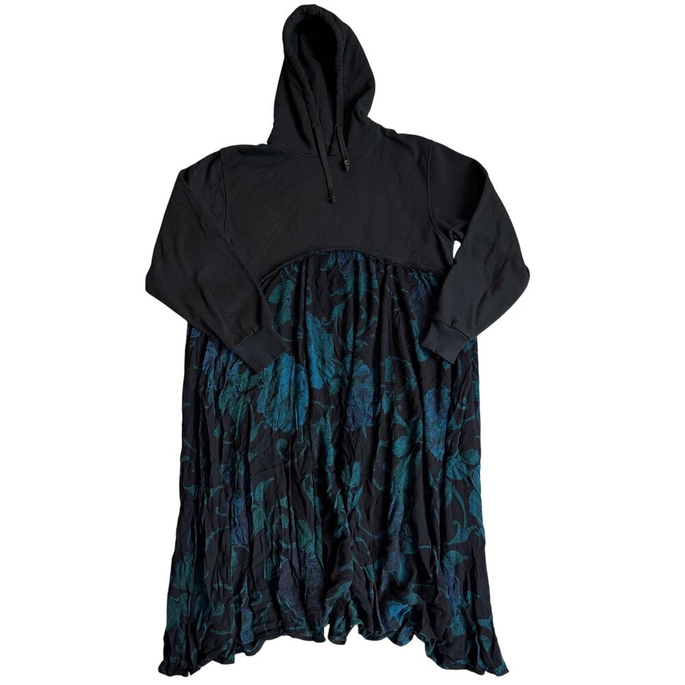 Hooded Floral Midi Dress Women's Est. Med Black Blue Hooded Boho Long Sleeve - Picture 2 of 9